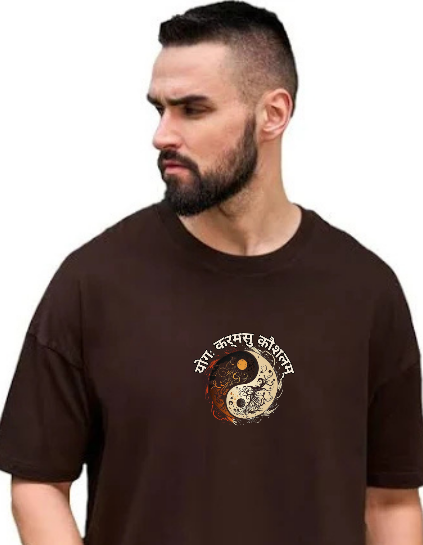 Oversized Drop Shoulder Round Neck Coffee Brown Cotton T-Shirt with Sanskrit Typography - योग: कर्मसु कौशलम् (Yoga is Skill in Action)