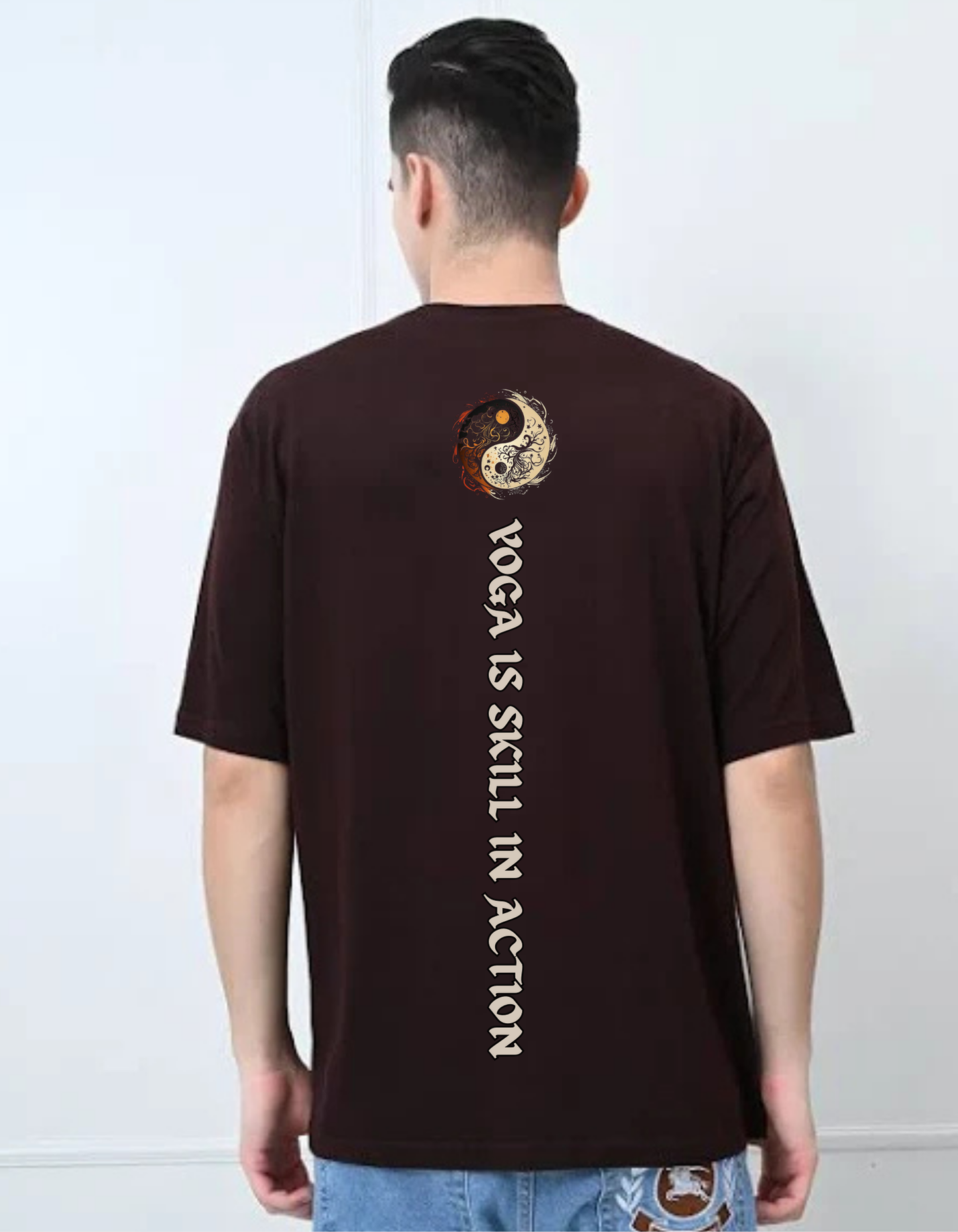 Oversized Drop Shoulder Round Neck Coffee Brown Cotton T-Shirt with Sanskrit Typography - योग: कर्मसु कौशलम् (Yoga is Skill in Action)