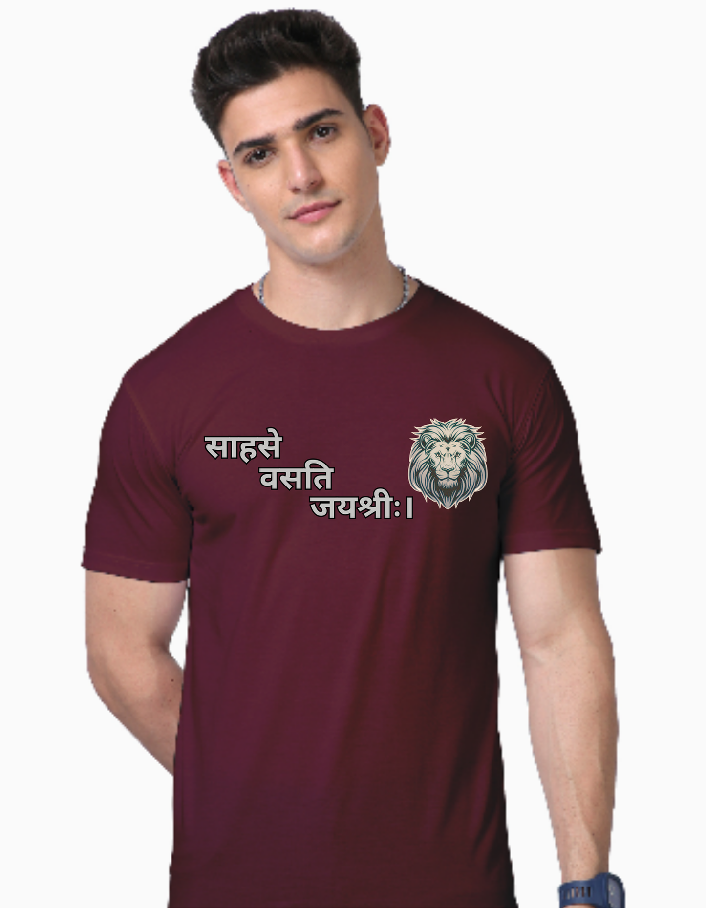 Regular Fit Round Neck Maroon Red Cotton T-Shirt with Sanskrit Typography - साहसे वसति जयश्री (Victory Resides in Courage)