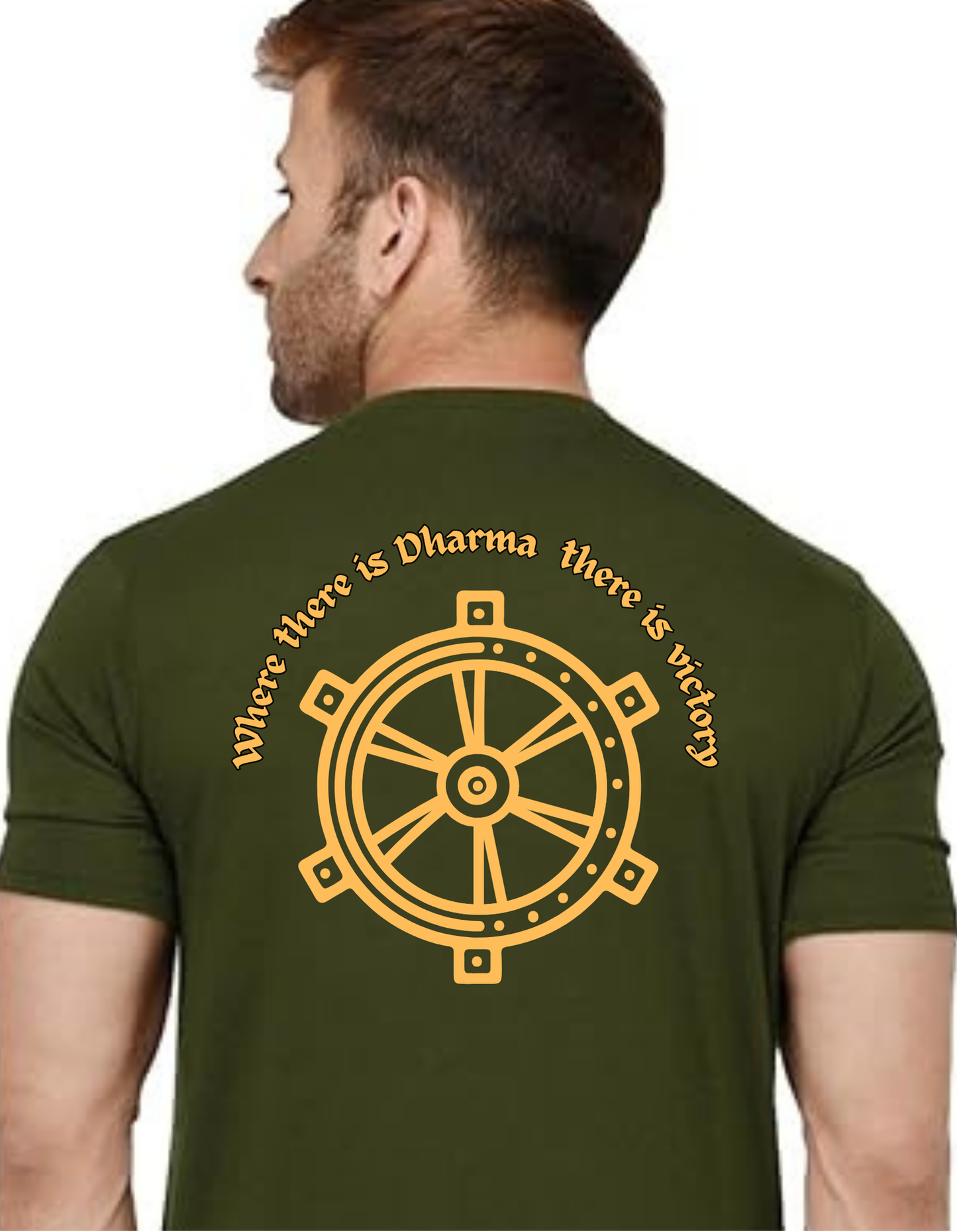 Regular Fit Round Neck Olive Green Cotton T-Shirt with Sanskrit Typography - यतो धर्मस्ततो जयः