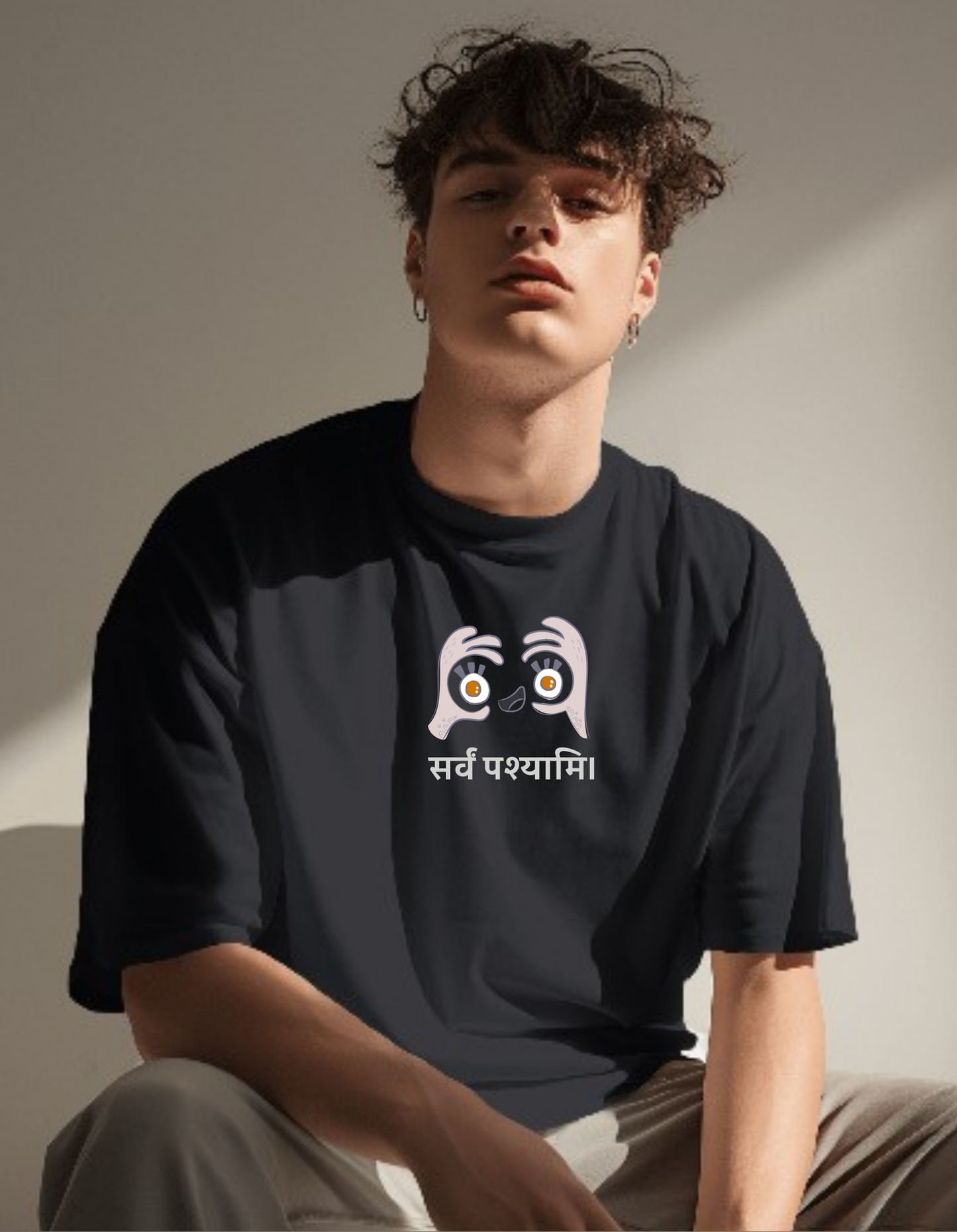 Oversized Drop Shoulder Round Neck Black Cotton T-Shirt with Sanskrit Typography - सर्वं पश्यामि (I See All)