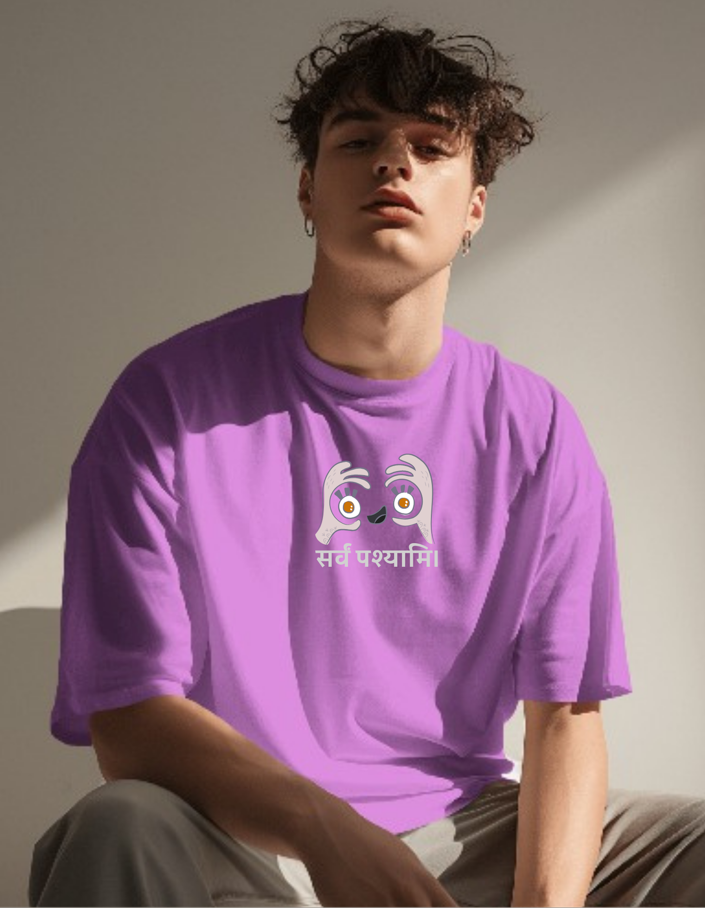 Oversized Drop Shoulder Round Neck Lavender Cotton T-Shirt with Sanskrit Typography - सर्वं पश्यामि (I See All)