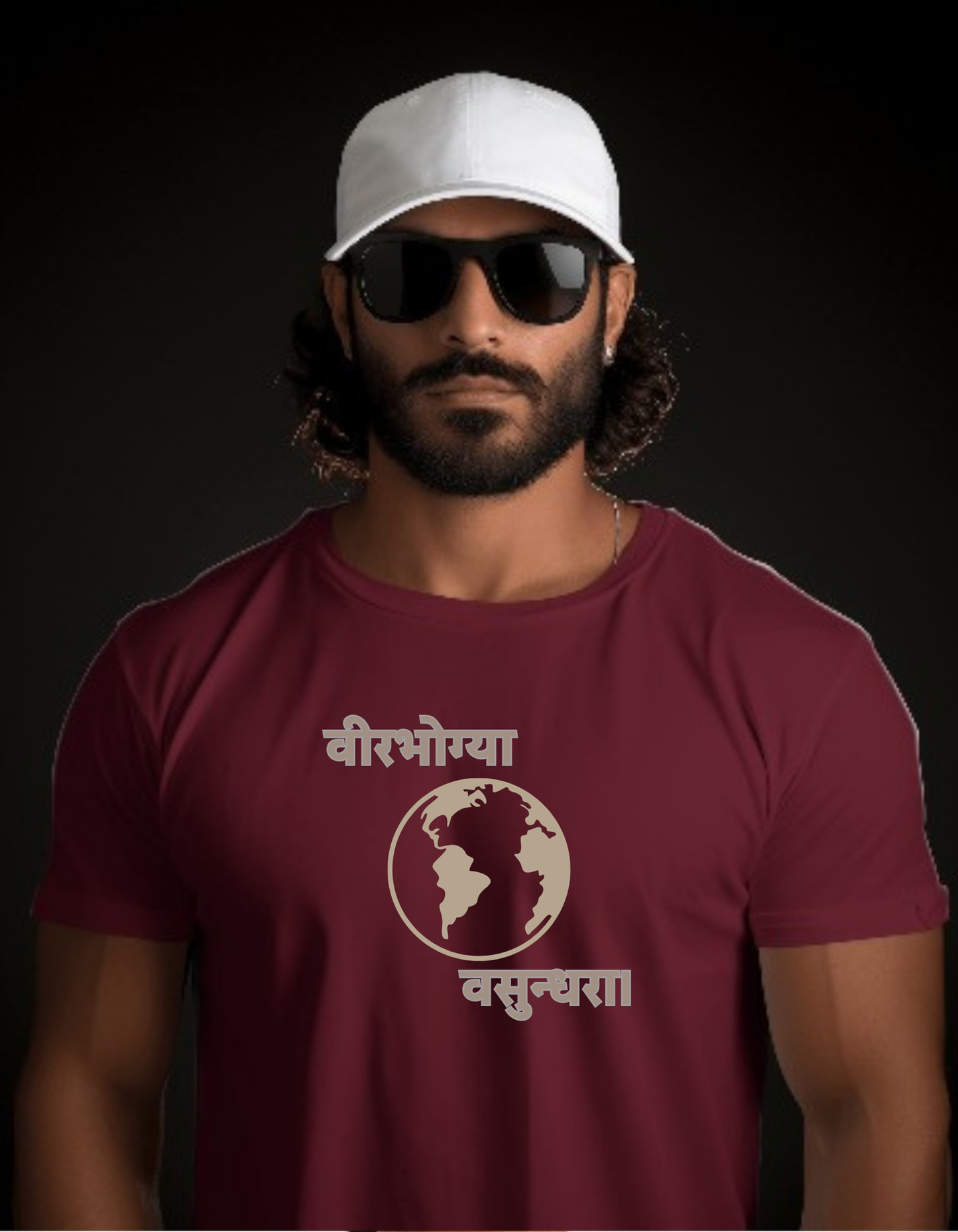 Regular Fit Round Neck Maroon Red Cotton T-Shirt with Sanskrit Typography - वीरभोग्या वसुंधरा (The Earth is for the Brave)