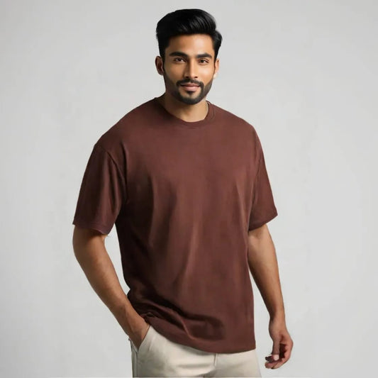 Coffee Oversize French Terry round-neck Cotton T-shirt