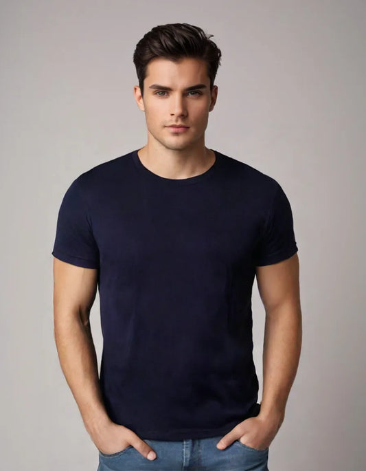 Basics Regular-Fit Navy Blue Round-Neck Cotton T-shirt