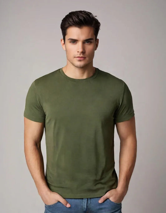 Basics Regular-Fit Green Round-Neck Cotton T-shirt