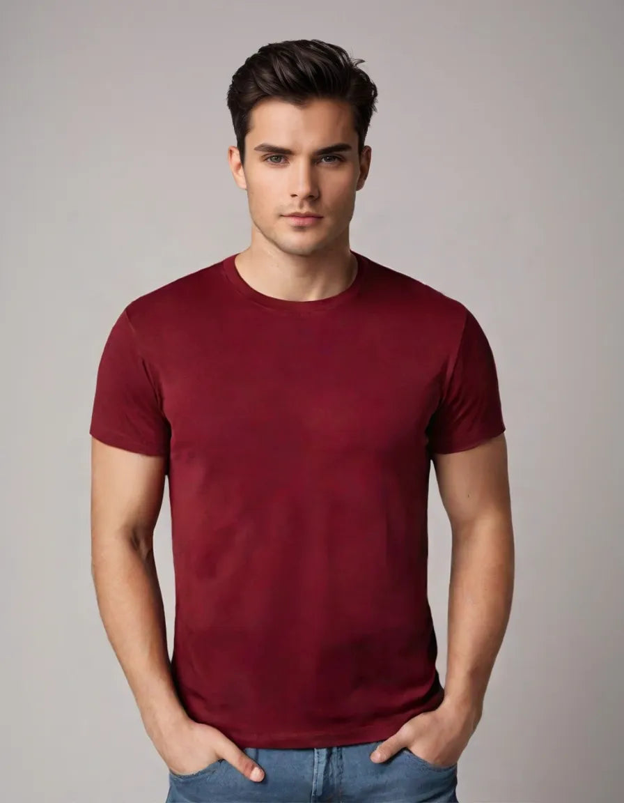 Basics Regular-Fit Maroon Round-Neck Cotton T-shirt