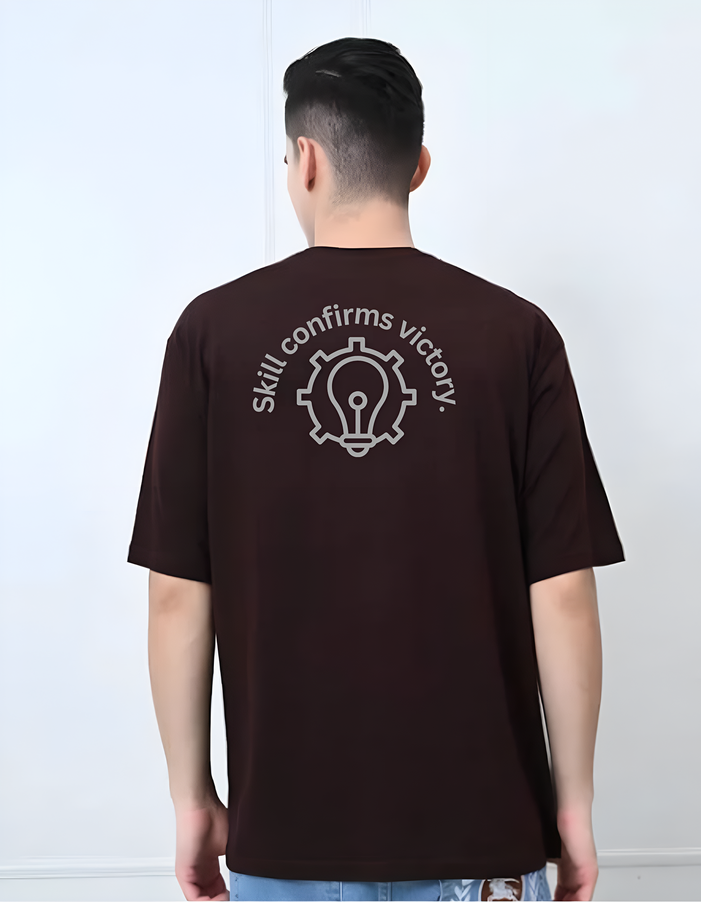 Oversized Drop Shoulder Round Neck Coffee Cotton T-Shirt with Sanskrit Typography - नैपुण्यात् विजयो ध्रुवम् (Victory is Certain Through Skill)