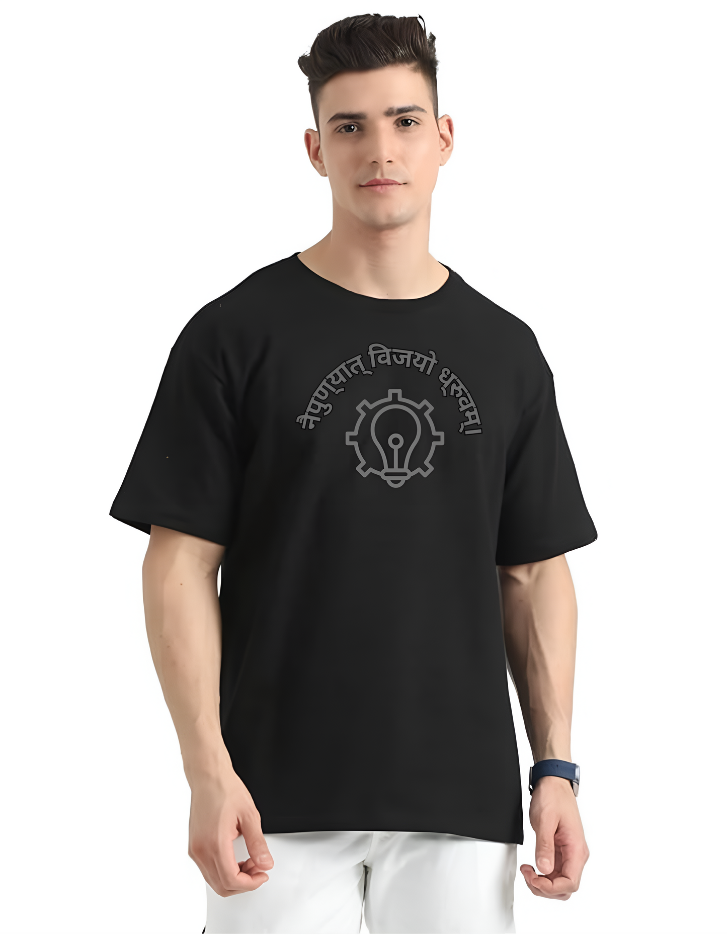 Oversized Drop Shoulder Round Neck Black Cotton T-Shirt with Sanskrit Typography - नैपुण्यात् विजयो ध्रुवम् (Victory is Certain Through Skill)