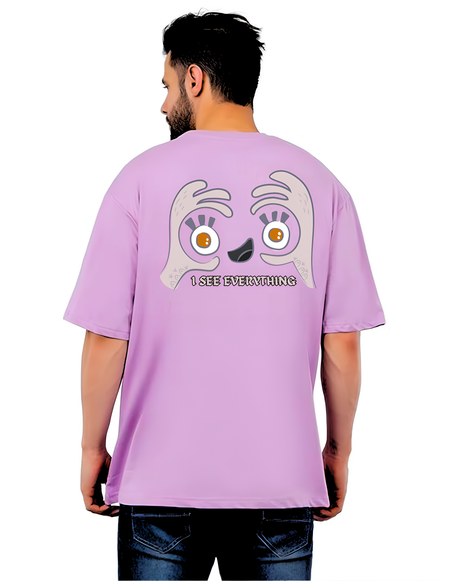 Oversized Drop Shoulder Round Neck Lavender Cotton T-Shirt with Sanskrit Typography - सर्वं पश्यामि (I See All)