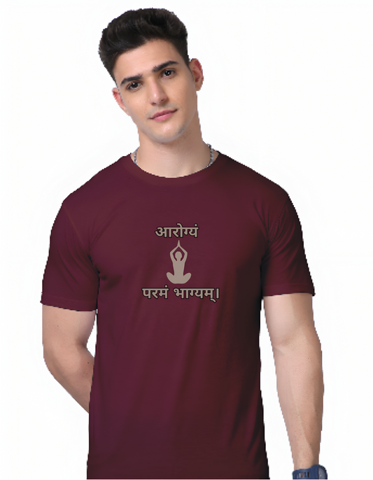 "Regular Fit Maroon Cotton T-Shirt with Sanskrit Typography - आरोग्यं परमं भाग्यम्"