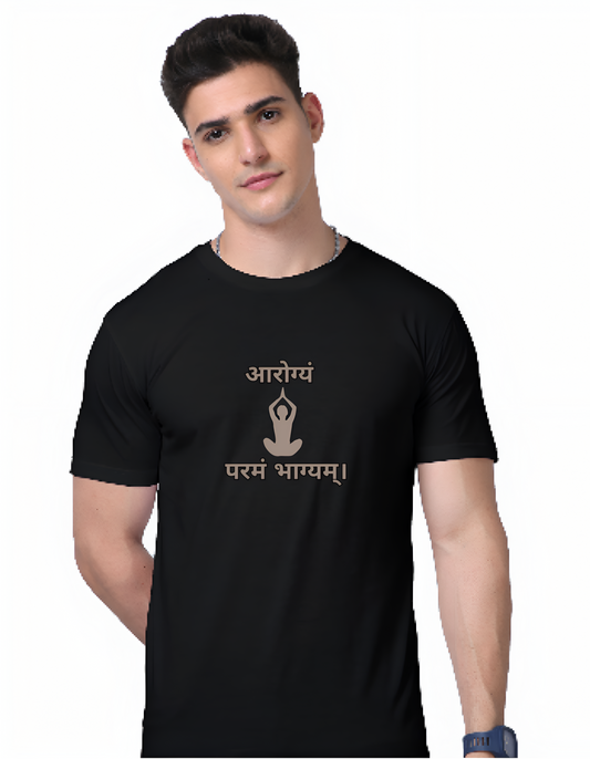 "Regular Fit Black Cotton T-Shirt with Sanskrit Typography - आरोग्यं परमं भाग्यम्"